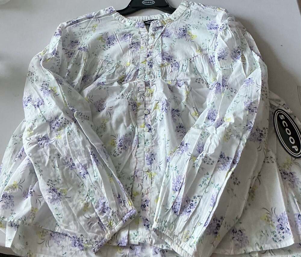 Scoop Flowy Blouson Top Floral Print Long Sleeve Button Down Size XXL